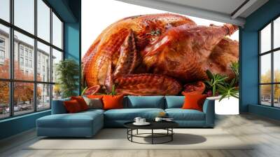 Delicious roasted turkey with rosemary and lemon on white plate, cut out Wall mural