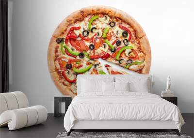 Delicious vegetarian pizza with champignon mushrooms, tomatoes, mozzarella, peppers and black olives, isolated on white background Wall mural