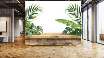 Empty natural wooden shelf with lush green tropical leaves, cut out Wall mural