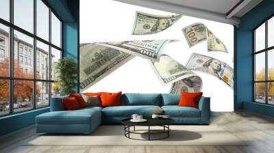 Flying 100 American dollars banknotes, isolated on white background Wall mural