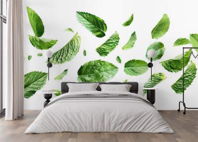 Flying delicious fresh mint leaves, cut out Wall mural