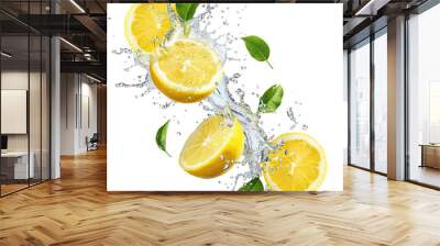 Fresh delicious lemons splashing with leaves, cut out Wall mural