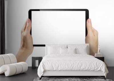 Hands holding black tablet, isolated on white background Wall mural