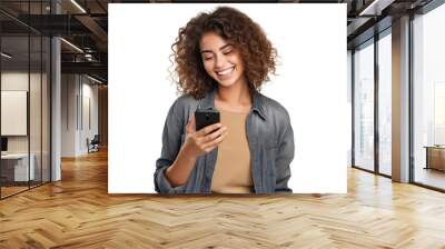 Happy woman using cell phone, cut out Wall mural