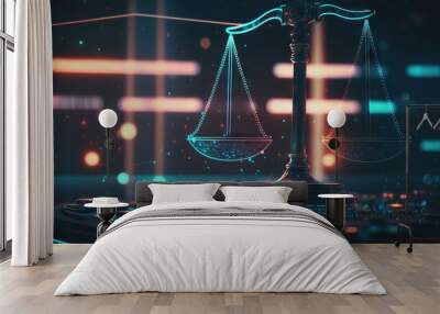 law scales on background of data center. digital law concept of duality of judiciary, jurisprudence  Wall mural