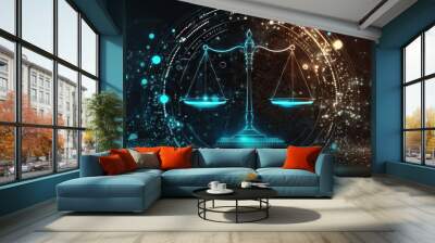 Law scales on background of data center. Digital law concept of duality of Judiciary, Jurisprudence and Justice and data in the modern world. Copy space. Based on Generative AI Wall mural