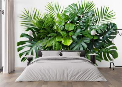 Lush green tropical plants bush (monstera, palm, rubber plant, pine and fern), cut out Wall mural