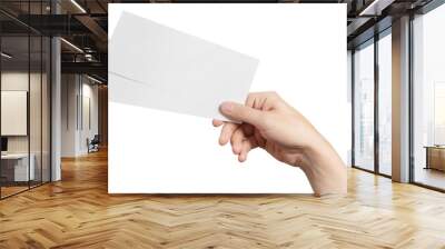 Male hand holding two blank sheets of paper (tickets, flyers, invitations, coupons, banknotes, etc.), cut out Wall mural