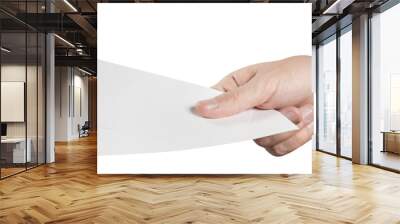 Male hand holding two blank sheets of paper (tickets, flyers, invitations, coupons, banknotes, etc.), cut out Wall mural