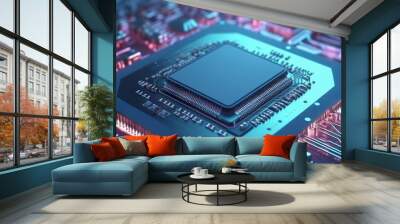 Microprocessor and CPU technology background. Main microchip on the motherboard Wall mural