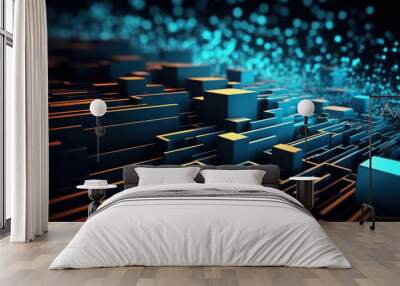 Modern digital abstract 3D background. Can be used in the description of network abilities, technological processes, digital storages, science, education, etc. Copy space. Based on Generative AI Wall mural