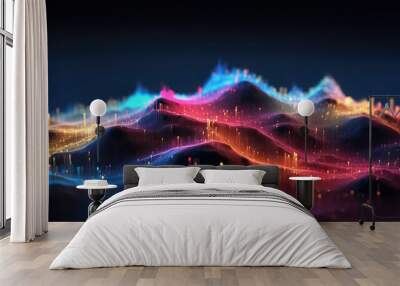 Multicolor glowing data over abstract digital landscape. Based on Generative AI Wall mural