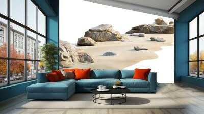 Natural rock formation along sandy beach under bright daylight, cut out Wall mural