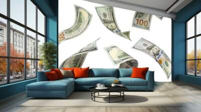 Set of flying 100 dollars banknotes, isolated on white background Wall mural