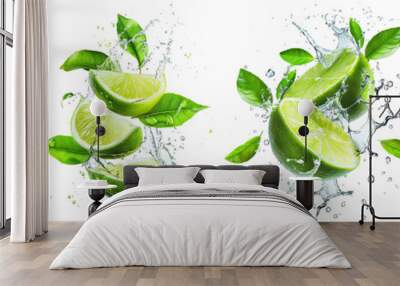 Set of fresh delicious limes splashing with leaves, cut out Wall mural