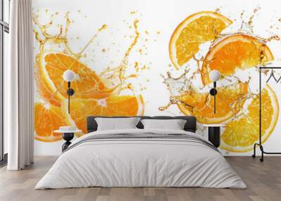 Set of fresh delicious oranges splashing, cut out Wall mural