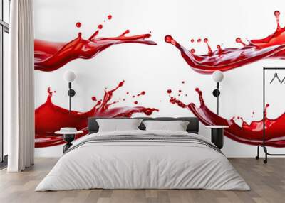 Set of vibrant and energetic splashes of red liquids similar to red berry jam, syrup, juice or punch, cut out Wall mural