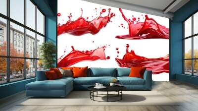 Set of vibrant and energetic splashes of red liquids similar to red berry jam, syrup, juice or punch, cut out Wall mural