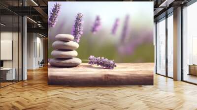 Stones and lavenders on wooden desk on background of lavender field. Spa still life in pastel colors. Copy space. Based on Generative AI Wall mural