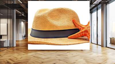 Straw hat and starfish resting on sandy beach, cut out Wall mural