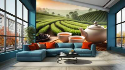 Teapot with two cups of tea on background of tea plantation. Copy space. Based on Generative AI  Wall mural