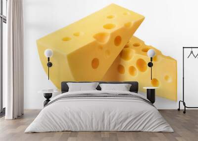 Two delicious pieces of cheese, isolated on white background Wall mural