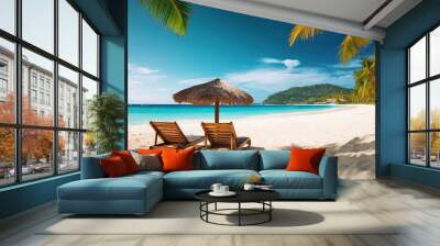 Two sun loungers on a tropical palm beach with white sand on background of turquoise ocean. Copy space. Based on Generative AI Wall mural