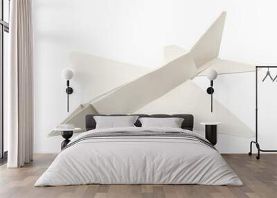 White paper airplane folded in origami style, cut out Wall mural