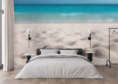 White sandy beach on background of turquoise ocean and blue sky Wall mural