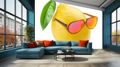 Yellow ripe lemon wearing cool sunglasses, isolated on white background Wall mural