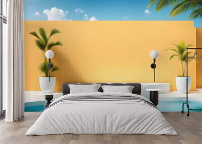 Abstract blue yellow gold pastel podium geometric shapes minimalist display 3D product mockup mockup blank copy space advertisement light 3d render visual sky summer pool water palm trees tropics Wall mural