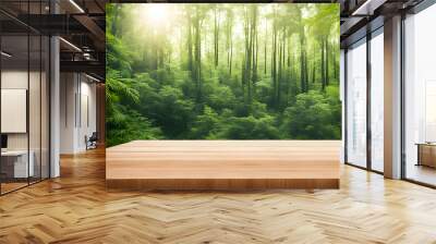 High quality wooden texture display podium product placement with blurred nature realistic forest summer green sun leaves background 3d mock-up Wall mural