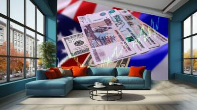 Russia, Moscow 06/08/2019. Schedule of changes in the Russian ruble and the us dollar. Russian and American money on an abstract background with country flags and a trading chart. Wall mural