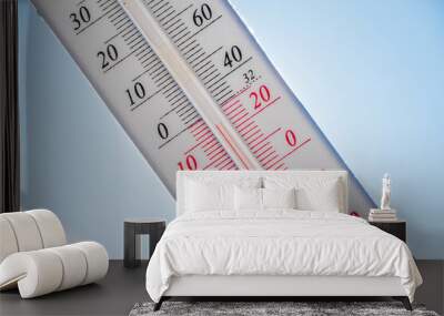 The thermometer lies on the snow and shows a negative temperature in cold weather on the blue sky.Meteorological conditions with low air and ambient temperatures.Climate change and global warming Wall mural