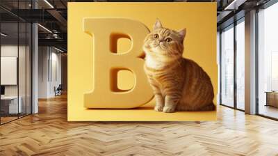 3D Letter B with Cat on Warm Yellow Background Wall mural