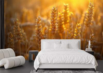 backdrop of a golden wheat field provides serene ambiance for tranquil contemplation Wall mural