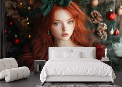 Beautiful red haired woman in festive puffy dress with green bow, Christmas tree background Wall mural