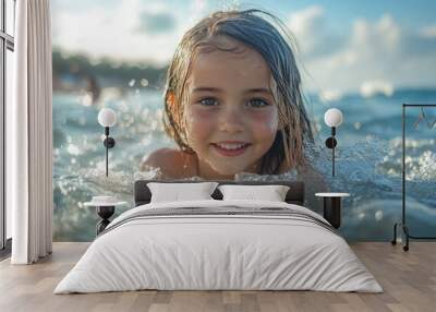 Beautiful young girl joyfully playing in the sea, splashing water, and enjoying summer waves Wall mural