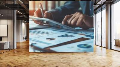 Close up of hands using tablet, colleagues collaborating at desk with financial documents, graphs in office setting Wall mural