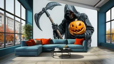 Grim reaper holding a pumpkin and scythe, standing alone on a white background Wall mural