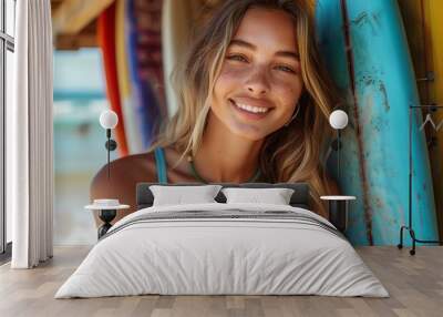 Joyful young woman in boho attire sitting on a beach tower, smiling with surfboards behind her Wall mural