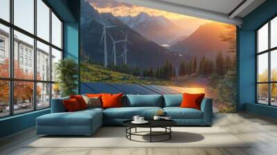 Solar Panels and Wind Turbines Against Mountain Backdrop with Sunlight and Beautiful Sky Wall mural