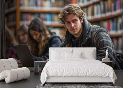 Students studying in a library, one using a laptop, another taking notes on paper Wall mural