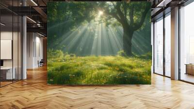 Summer Sunshine in the Woods: Forest Landscape with Flowers Wall mural