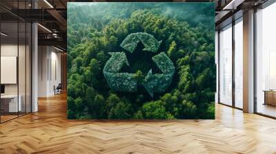 Top view of a blue recycling symbol on a green forest background, representing environmental conservation and sustainability Wall mural