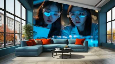 Two Asian female scientists working at night, conducting experiments with beakers and test tubes Wall mural