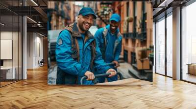 Two delivery workers unloading boxes from an electric van using a hand truck Wall mural