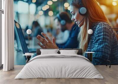 Young Business Woman and Man with Headsets in Call Center Office Wall mural