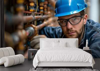 Young technician in blue safety gear maintaining central heating system equipment Wall mural