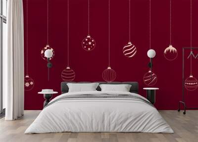 Christmas red background with balls. Christmas decoration for greeting card, poster, banner, advertising. Vector illustration.  Wall mural